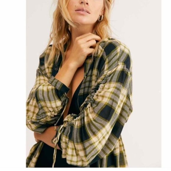 Free People shirt We The Free Black and Green Plaid Pacific Dawn Frayed small - Picture 7 of 8
